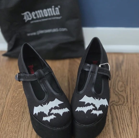 Demonia Black and White Bat Design Platform Mary Janes - Picture 4 of 4